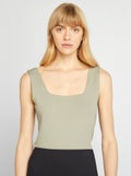 T-shirt van stretchtricot met vierkante hals GROEN - Kiabi