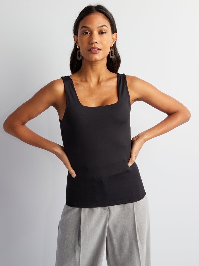 T-shirt van stretchtricot met vierkante hals zwart - Kiabi