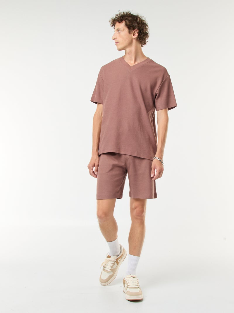 T-shirt van tricot met V-hals Bruin - Kiabi