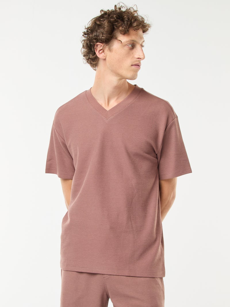 T-shirt van tricot met V-hals Bruin - Kiabi