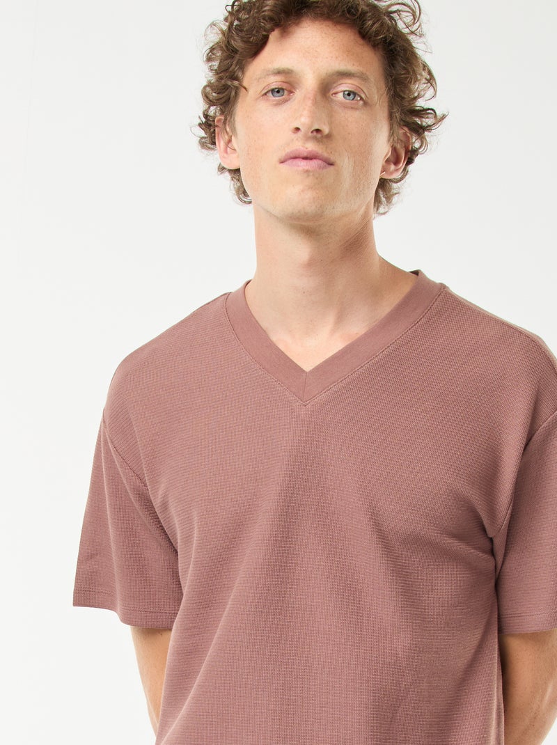 T-shirt van tricot met V-hals Bruin - Kiabi