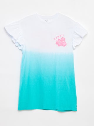 T-shirtjurk met ruchemouwen en tie-dyeprint