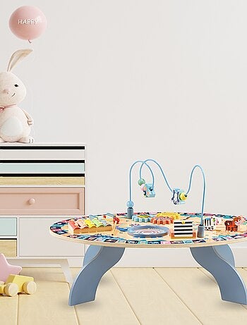 Table d'activités bois enfants +6 mois - table interactive sensorielle: cymbales, tambour