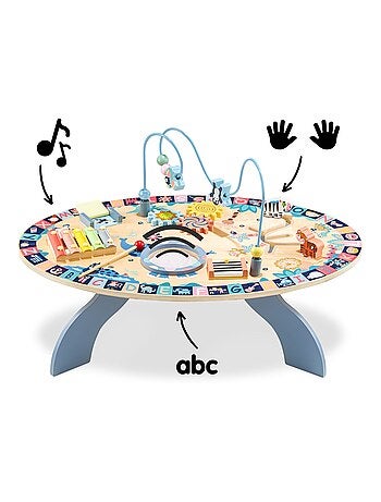 Table d'activités bois enfants +6 mois - table interactive sensorielle: cymbales, tambour