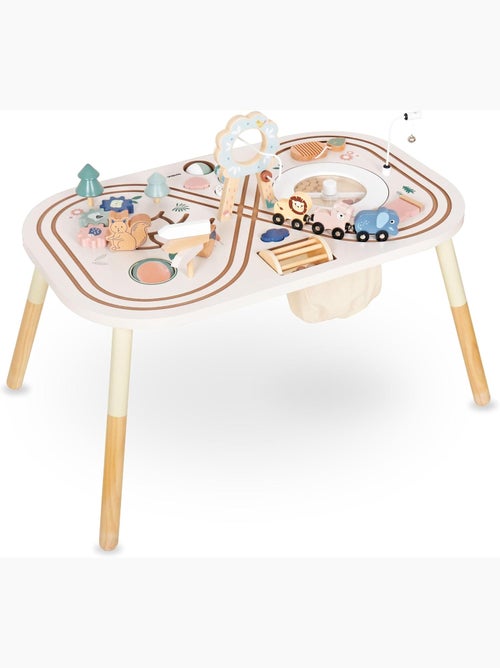 Table d'activités bois jouet éducatif, boucle motrice avec perles, trieuse de forme, hochet, miroir - Kiabi