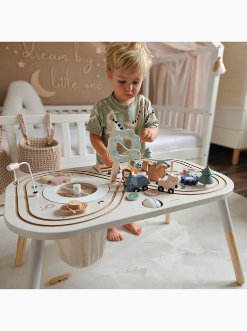 Table d'activités bois jouet éducatif, boucle motrice avec perles, trieuse de forme, hochet, miroir - Kiabi