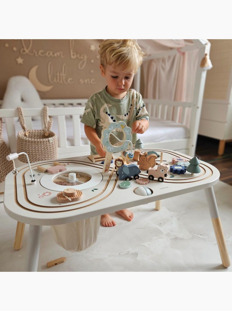 Table d'activités bois jouet éducatif, boucle motrice avec perles, trieuse de forme, hochet, miroir N/A - Kiabi