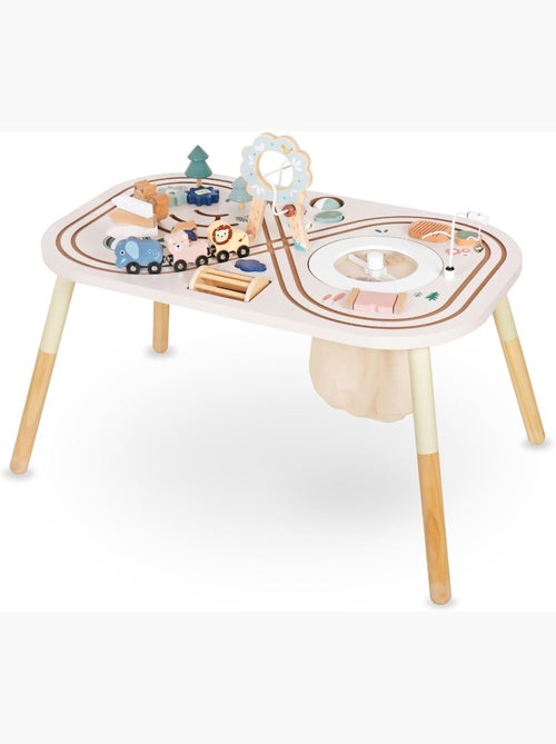 Table d'activités bois jouet éducatif, boucle motrice avec perles, trieuse de forme, hochet, miroir - Kiabi