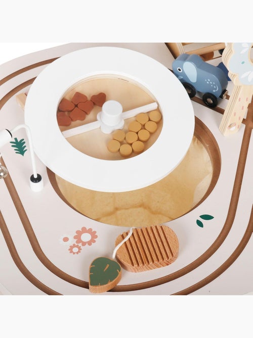 Table d'activités bois jouet éducatif, boucle motrice avec perles, trieuse de forme, hochet, miroir - Kiabi