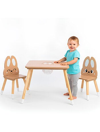 Table enfants bois avec rangement et 2 chaises motif lapin meuble chambre – mamabrum