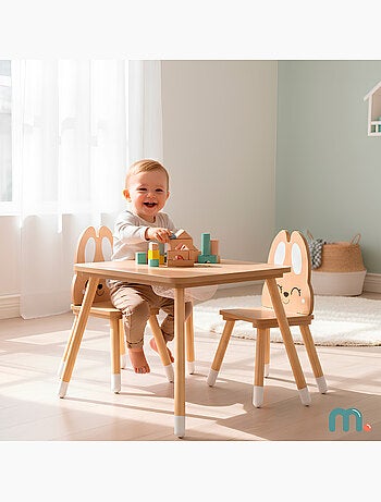 Table enfants bois avec rangement et 2 chaises motif lapin meuble chambre – mamabrum