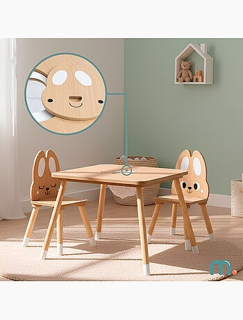 Table enfants bois avec rangement et 2 chaises motif lapin meuble chambre – mamabrum