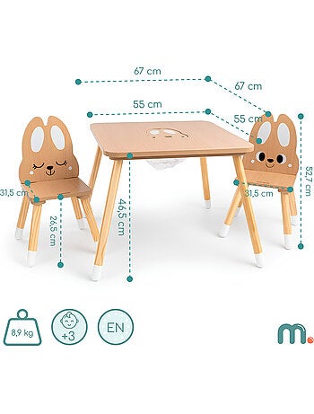 Table enfants bois avec rangement et 2 chaises motif lapin meuble chambre – mamabrum