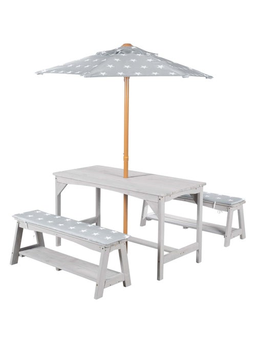 Table et bancs de jardin pour enfants avec parasol et 2 coussins 'Roba outdoor+' - Kiabi