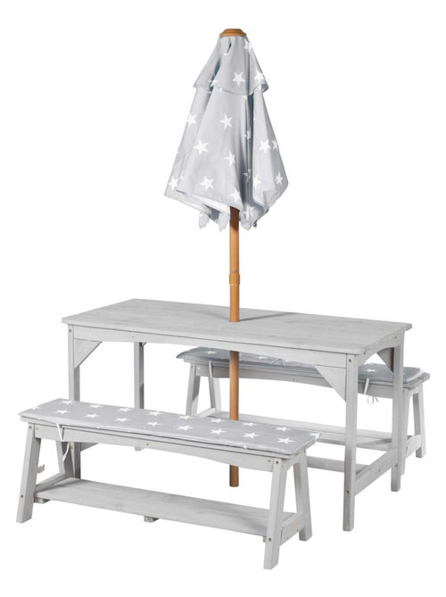 Table et bancs de jardin pour enfants avec parasol et 2 coussins 'Roba outdoor+' - Kiabi