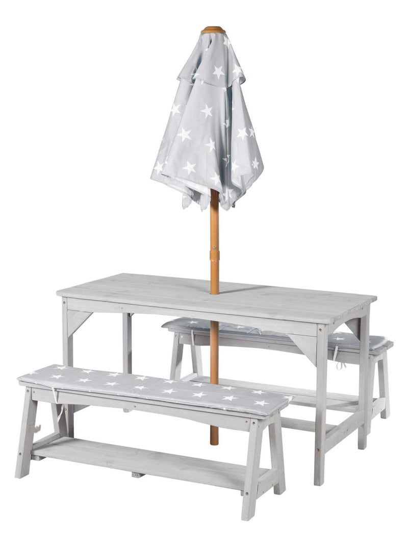 Table et bancs de jardin pour enfants avec parasol et 2 coussins 'Roba outdoor+' Gris - Kiabi