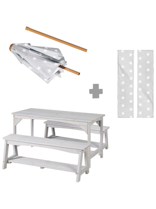 Table et bancs de jardin pour enfants avec parasol et 2 coussins 'Roba outdoor+' - Kiabi