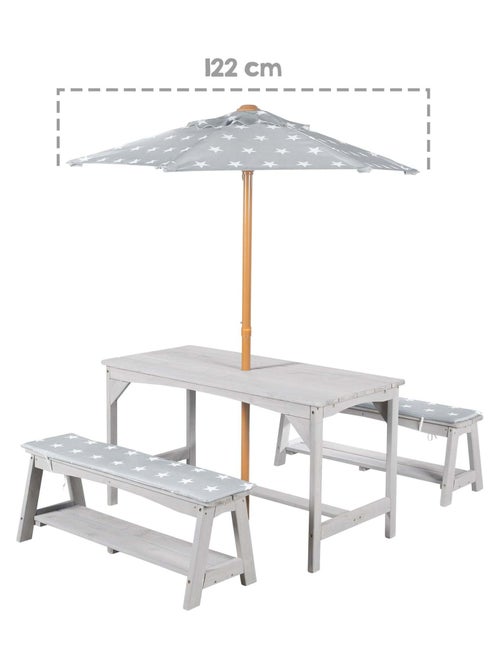Table et bancs de jardin pour enfants avec parasol et 2 coussins 'Roba outdoor+' - Kiabi