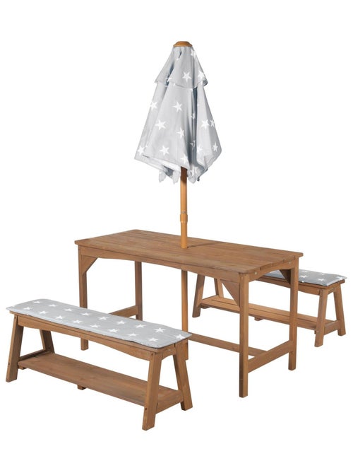 Table et bancs de jardin pour enfants avec parasol et 2 coussins 'Roba outdoor+' - Kiabi