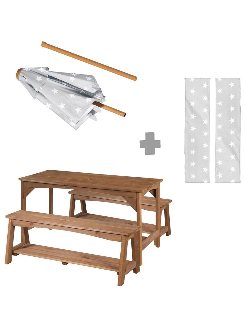 Table et bancs de jardin pour enfants avec parasol et 2 coussins 'Roba outdoor+' Marron - Kiabi