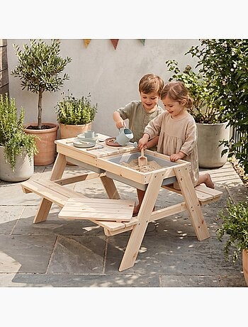 Table Sable et Eau - Modèle Play - Bois Massif Naturel - Résistante aux Intempéries - 2 Bacs Inclus