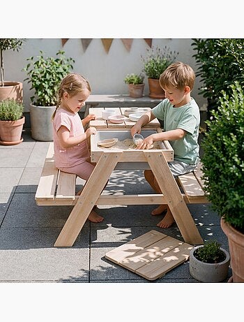 Table Sable et Eau - Modèle Play - Bois Massif Naturel - Résistante aux Intempéries - 2 Bacs Inclus