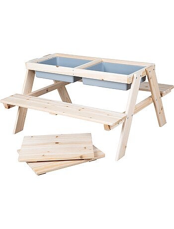 Table Sable et Eau - Modèle Play - Bois Massif Naturel - Résistante aux Intempéries - 2 Bacs Inclus