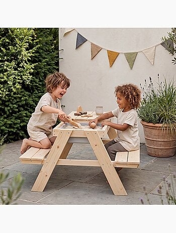Table Sable et Eau - Modèle Play - Bois Massif Naturel - Résistante aux Intempéries - 2 Bacs Inclus
