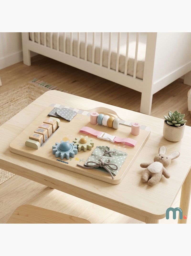 Tableau busy board bois ferme 30x24cm 6 activites engrenages poignee mamabrum N/A - Kiabi
