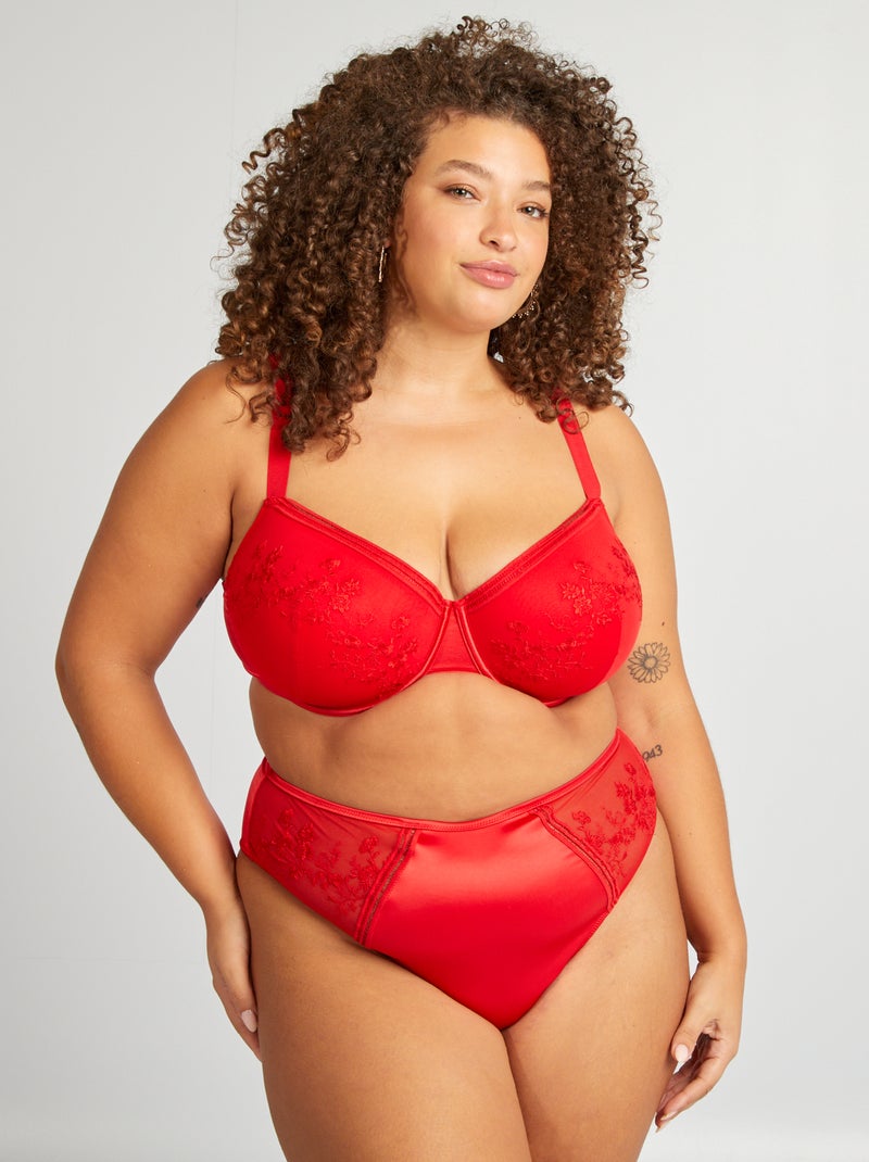 Tanga en satin et tulle brodé Rouge - Kiabi