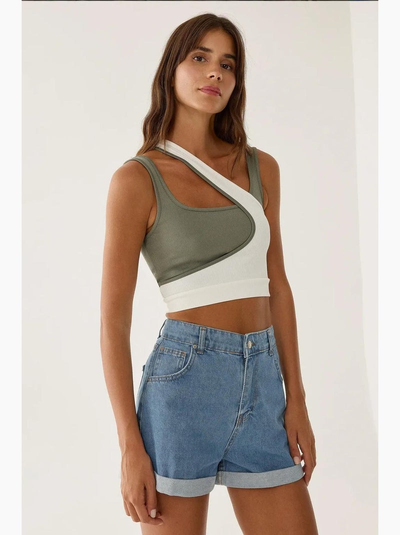 Tanktop met contrasterende asymmetrische kraag hiccup Wit Groen - Kiabi