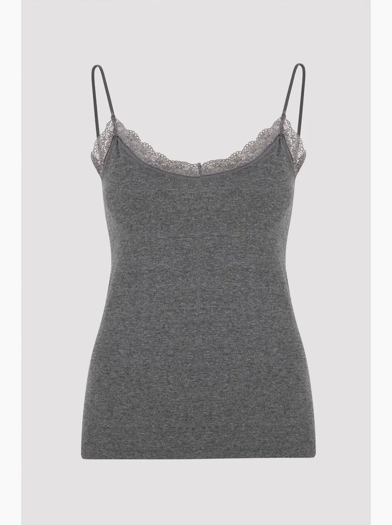Tanktop met smalle bandjes en kanten detail penti Grijs Zwart - Kiabi