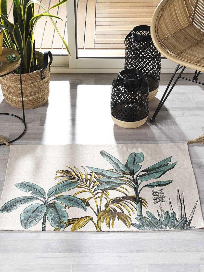 Tapijt met een print van exotische bladeren en pompons Multicolor - Kiabi
