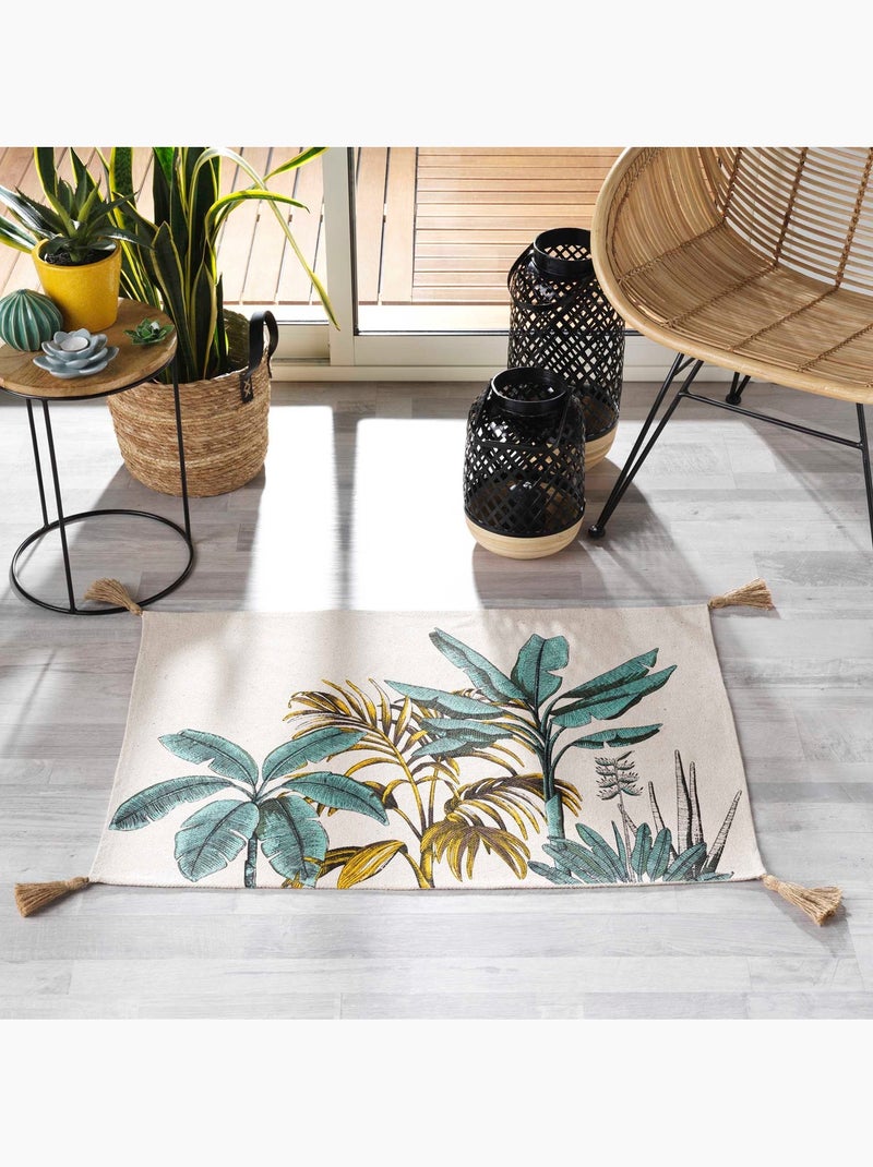 Tapijt met een print van exotische bladeren en pompons Multicolor - Kiabi