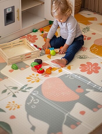 Tapis d'éveil bébé 120x180, 2 faces éléphants & exotiques, mousse- pliable