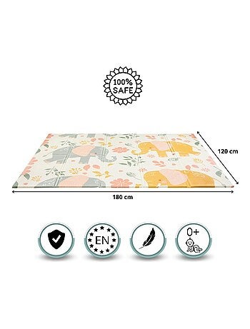 Tapis d'éveil bébé 120x180, 2 faces éléphants & exotiques, mousse- pliable