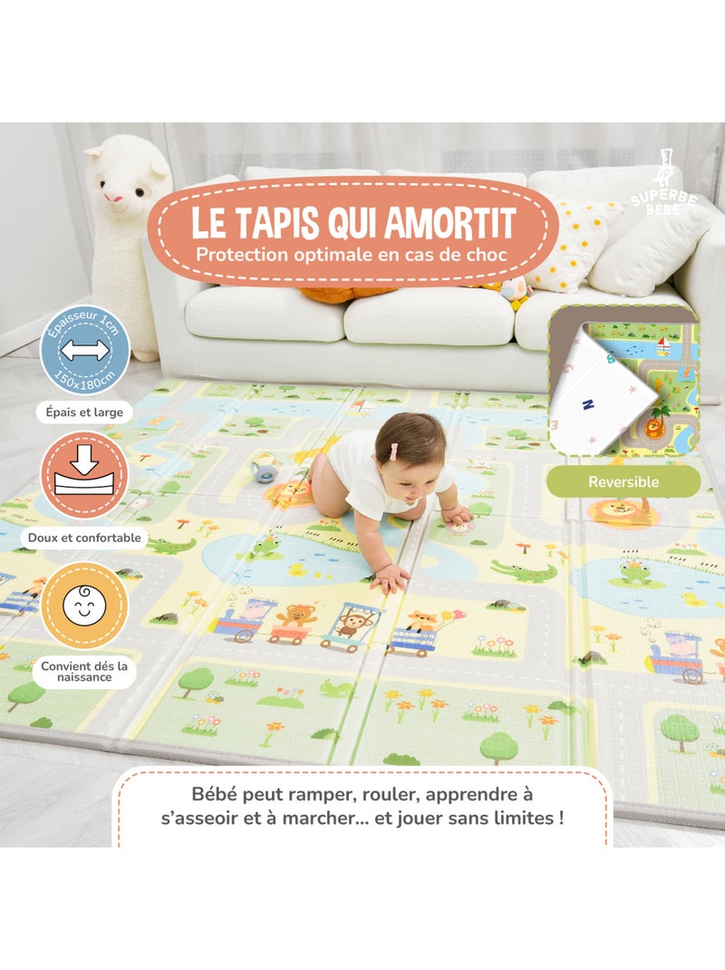 Tapis d'éveil pliable en mousse, réversible et imperméable - 180x150x1 - ROAD | SUPERBE BEBE Blanc Vert clair - Kiabi