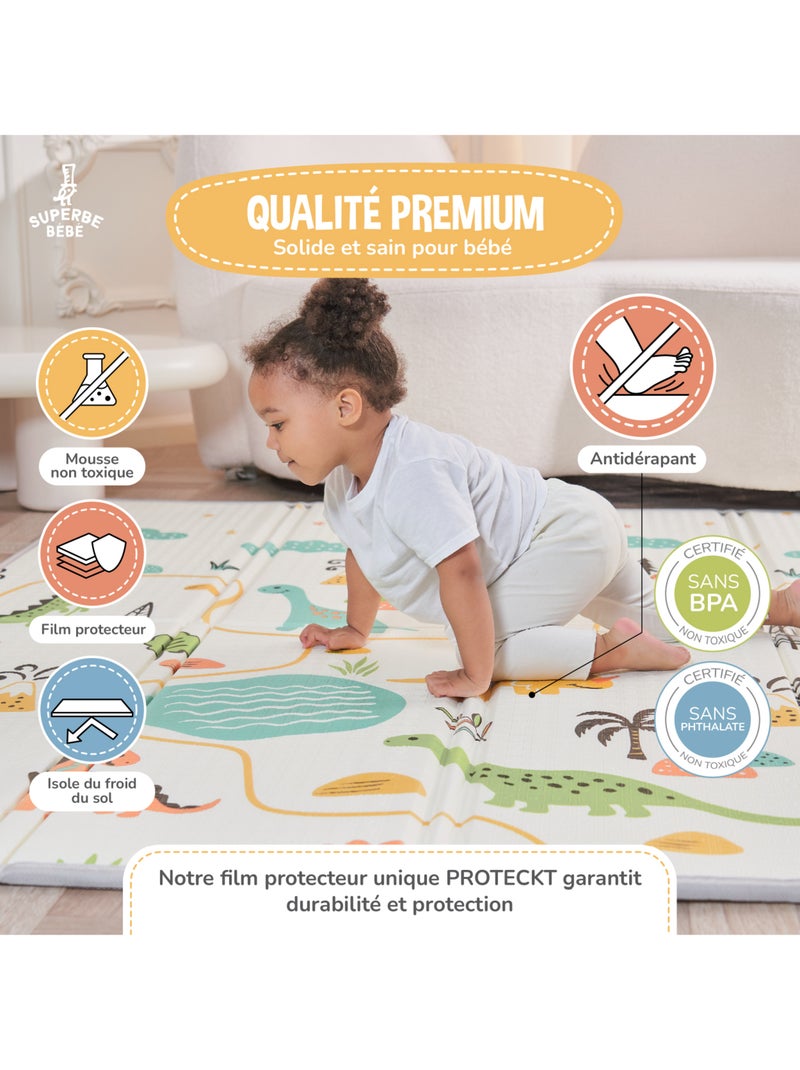 Tapis d'éveil pliable en mousse, réversible et imperméable - 200x180x1,5 - DINO | SUPERBE BEBE Blanc Orange Blanc - Kiabi