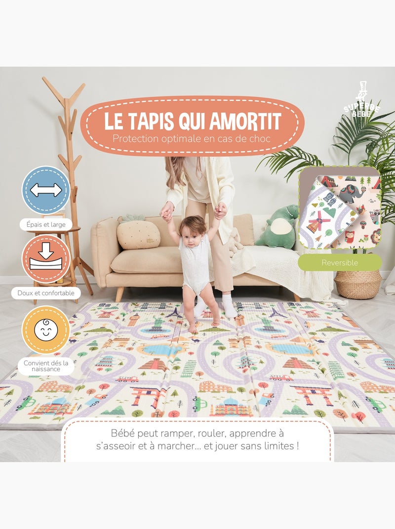 Tapis d'éveil pliable en mousse, réversible et imperméable - 200x180x1,5 - MONUMENTS | SUPERBE BEBE Blanc Marron Gris - Kiabi