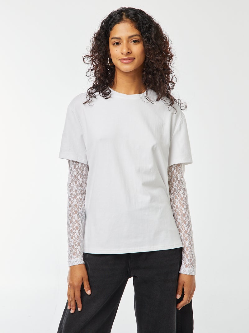 Tee-shirt 2 en 1 avec dentelle Blanc - Kiabi