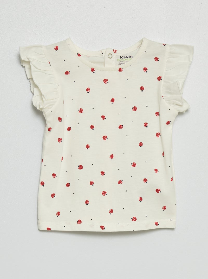 Tee-shirt à manches volantées Blanc fraise - Kiabi
