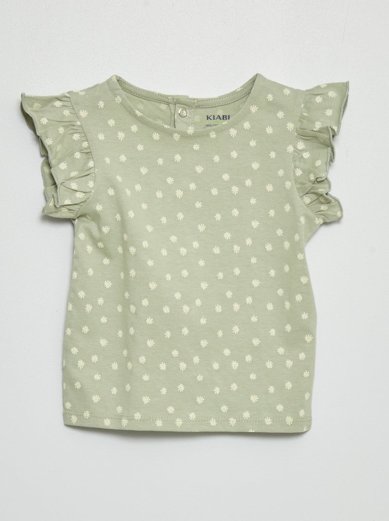 Tee-shirt à manches volantées Vert fleuri - Kiabi