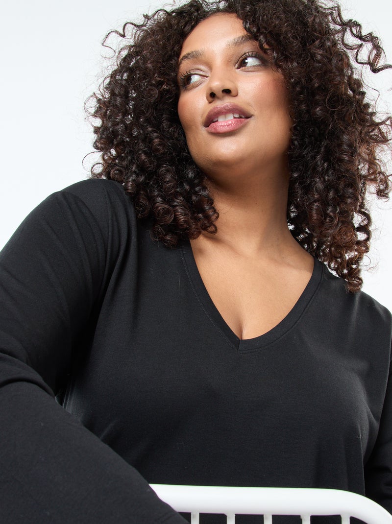 Tee-shirt basique col V et manches 3/4 Noir - Kiabi