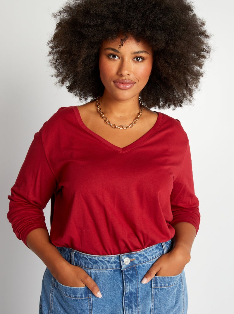 Tee-shirt basique manches longues et col V Rouge - Kiabi