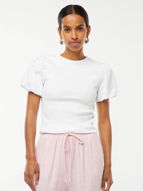 Tee-shirt cintré bi-matière avec manches bouffantes - Kiabi