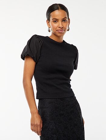 Tee-shirt cintré bi-matière avec manches bouffantes
