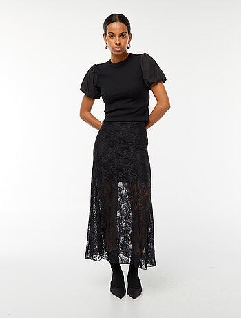 Tee-shirt cintré bi-matière avec manches bouffantes