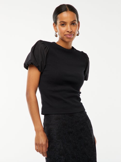 Tee-shirt cintré bi-matière avec manches bouffantes - Kiabi