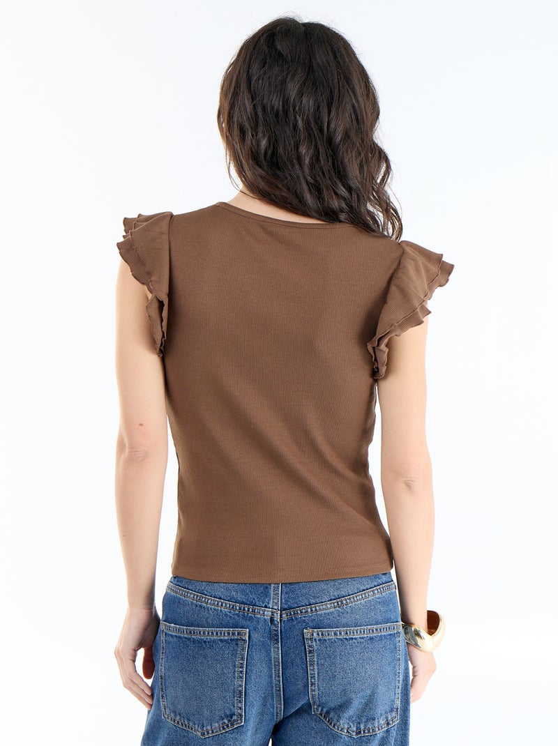 Tee-shirt côtelé à manches volantées Marron - Kiabi