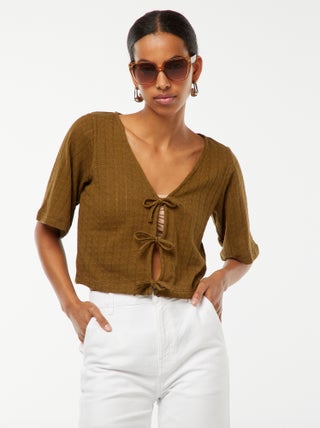 Tee-shirt cropped en maille pointelle ajourée